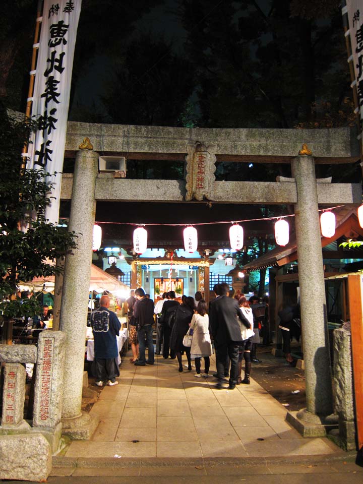 fotografia, materiale, libero il panorama, dipinga, fotografia di scorta,Sacrario di Ebisu, torii, bandiera, vista serale, lanterna