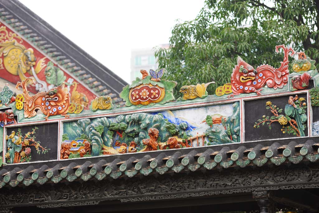 Foto, materieel, vrij, landschap, schilderstuk, bevoorraden foto,Chen Clan Temple, Chinese particuliere handenarbeiden gebouw, Baksteen beeldhouwkunst, Zuidelijk edel, Decoratie