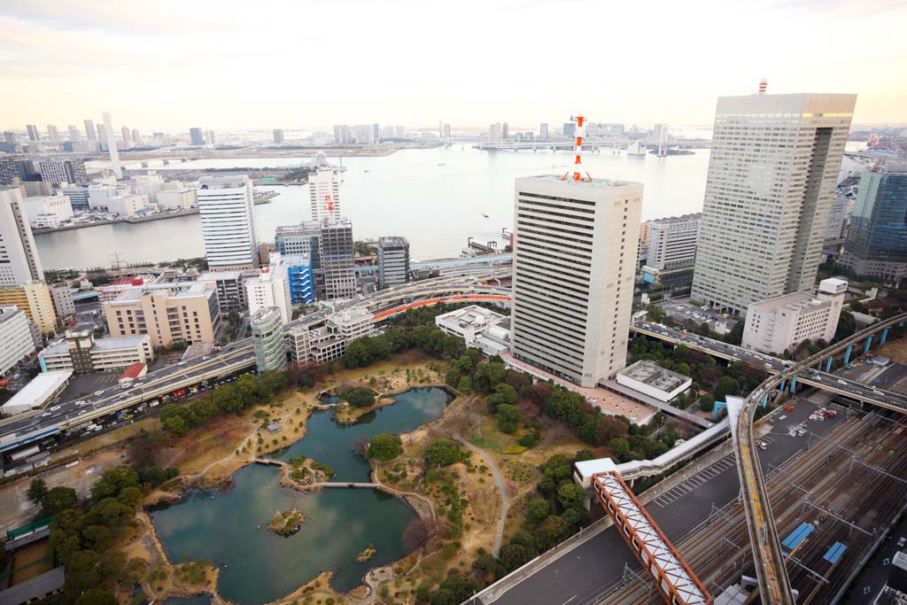 Foto, materiell, befreit, Landschaft, Bild, hat Foto auf Lager,Tokyo-Rundblick, Gebude, Das Stadtzentrumsgebiet, Ein alter Rasen kaiserliche Villa kniglicher Geschenkgarten, Toyosu