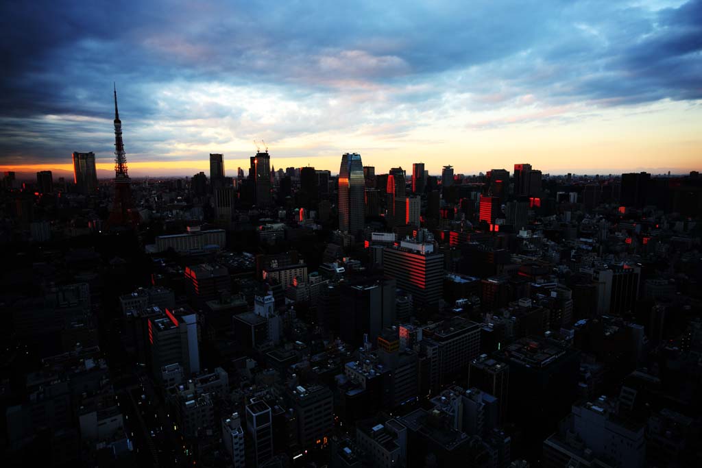 Foto, materieel, vrij, landschap, schilderstuk, bevoorraden foto,Zonsondergang in het Tokio, Gebouw, De benedenstad wijk, Tokio Toren, Toranomon