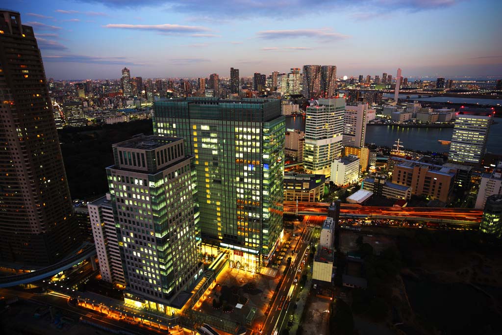 Foto, materieel, vrij, landschap, schilderstuk, bevoorraden foto,Tokio avond uitzicht, Gebouw, De benedenstad wijk, Een oude zode imperiale landhuis koninklijke schenking tuin, Toyosu