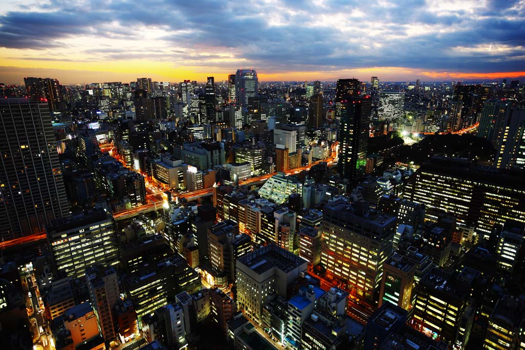 Foto, materiell, befreit, Landschaft, Bild, hat Foto auf Lager,Tokyo Nacht Sicht, Gebude, Das Stadtzentrumsgebiet, Tamachi, Sonnenuntergang