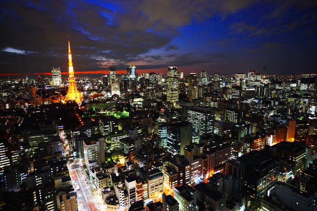 fotografia, materiale, libero il panorama, dipinga, fotografia di scorta,Tokio vista serale, costruendo, L'area del centro, Torre di Tokio, Toranomon