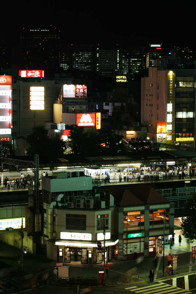 fotografia, materiale, libero il panorama, dipinga, fotografia di scorta,Notte di Gotanda, piattaforma, stazione, notte, segnale di neon