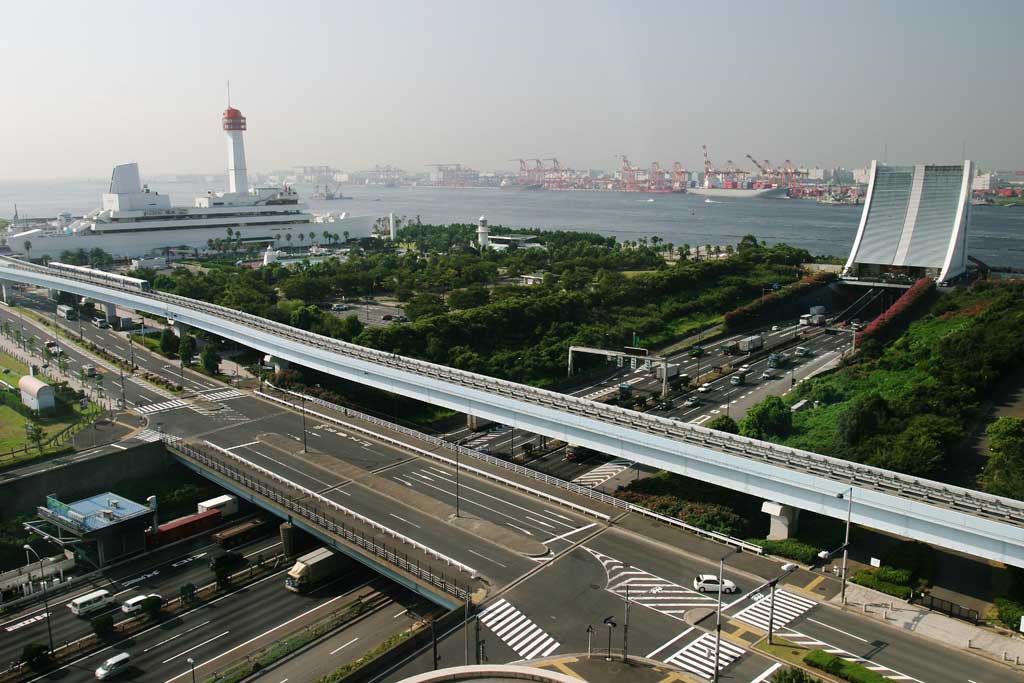 fotografia, materiale, libero il panorama, dipinga, fotografia di scorta,Mattina di Odaiba, MetropolitExpressway, Yurikamome fiancheggia, strada, costa