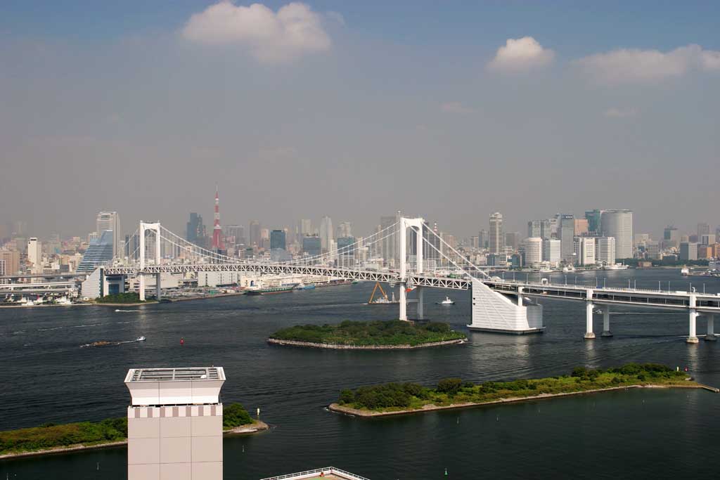 Foto, materiell, befreit, Landschaft, Bild, hat Foto auf Lager,Tokyo sah von Odaiba an, Regenbogenbrcke, Tokyo-Turm, Gebude, Kste