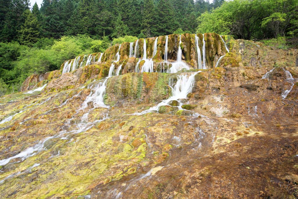 Foto, materieel, vrij, landschap, schilderstuk, bevoorraden foto,Huanglong waterval vanaf een hoge plaats stroming heldere, , , , 