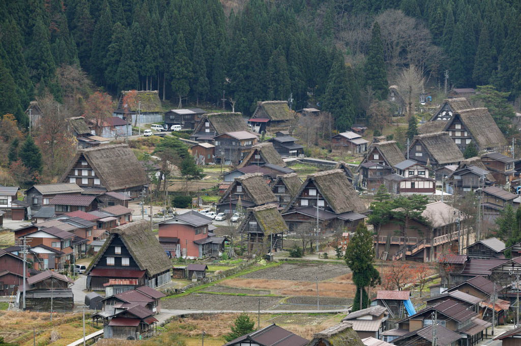 Foto, materiell, befreit, Landschaft, Bild, hat Foto auf Lager,Shirakawago, der befiehlt, Architektur mit Hauptperson ridgepole, Das Decken mit Stroh, privates Haus, lndliche Landschaft