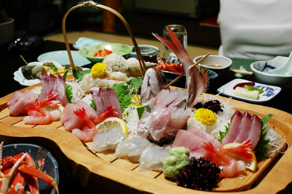 Foto, materieel, vrij, landschap, schilderstuk, bevoorraden foto,Schijfen van rauwe vis hoogtepunt wedstrijd, Sashimi, Vis afwas, Langoest, Shellfish