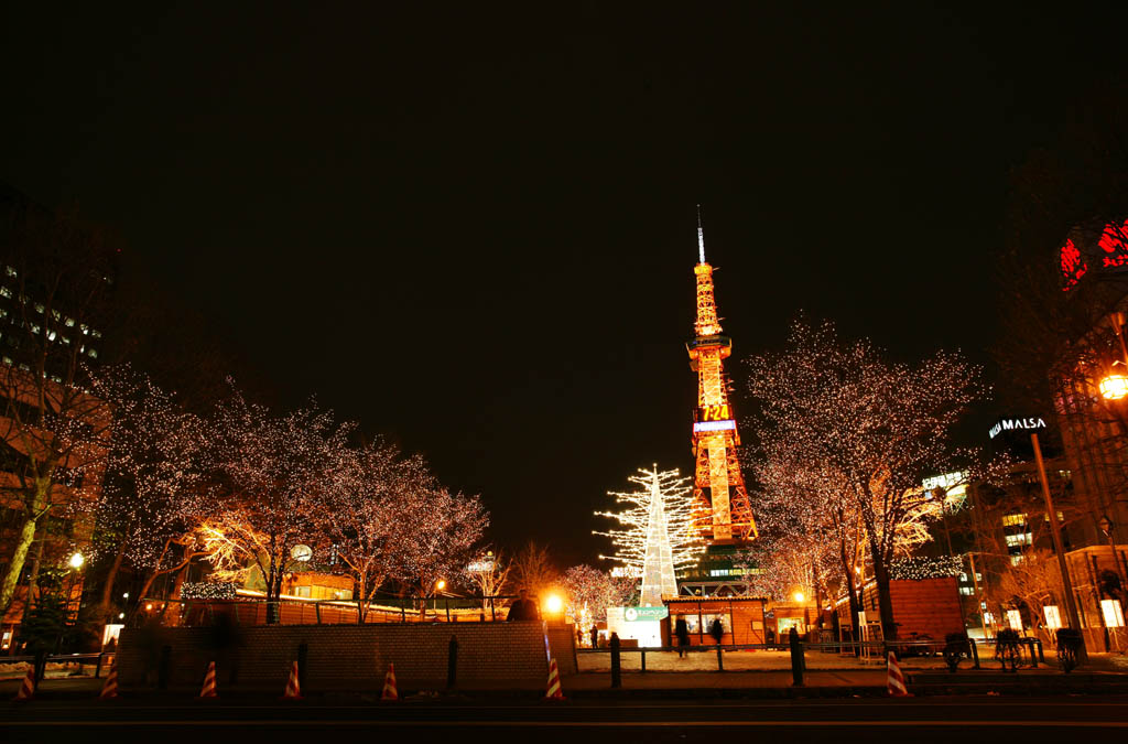 Foto, materieel, vrij, landschap, schilderstuk, bevoorraden foto,De avond van een hoofdstraat park, Avond lucht, Maak, Illuminering, Toren