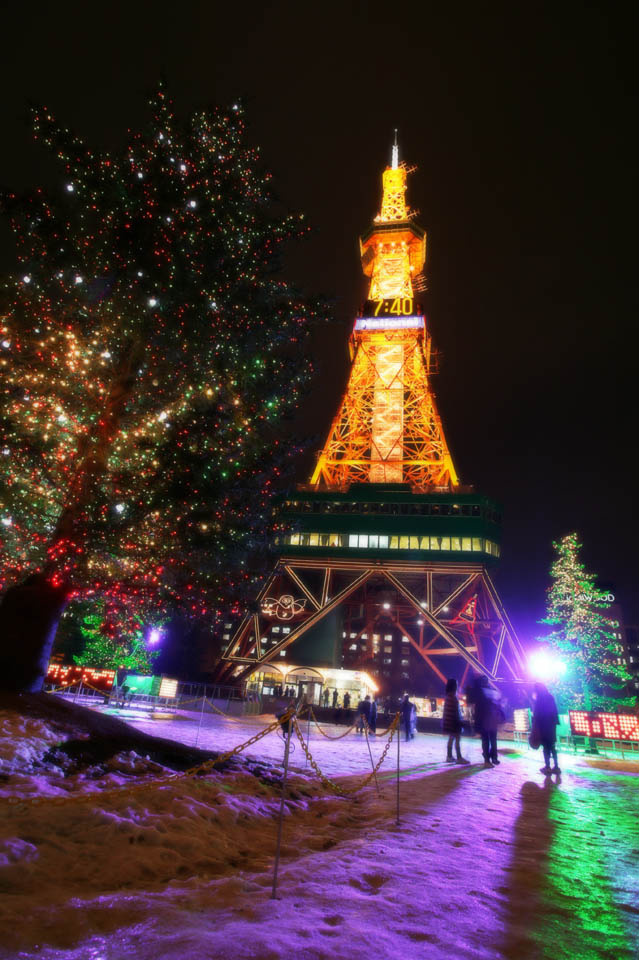 photo,material,free,landscape,picture,stock photo,Creative Commons,A Christmas tree and a tower, night sky, X'mas, Illumination, tower