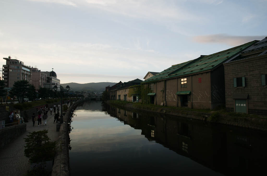 photo, la matire, libre, amnage, dcrivez, photo de la rserve,Paysage du soir du canal d'Otaru, canal, clairage public, La surface de l'eau, murez l'entrept