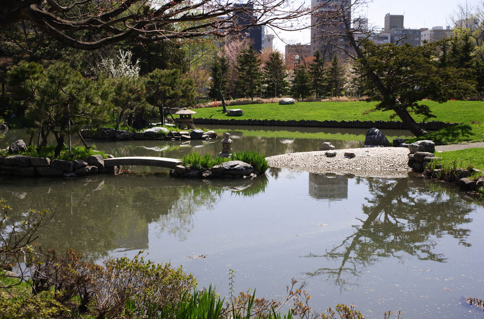 Foto, materiell, befreit, Landschaft, Bild, hat Foto auf Lager,Ein Japaner grtnert, Japanisch grtnert, Teich, Rasen, 