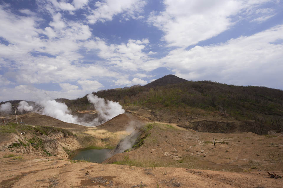 fotografia, materiale, libero il panorama, dipinga, fotografia di scorta,Il quartiere di Mt. Cratere di Usu-zan, Eruzione, Fumo, albero caduto, Magma