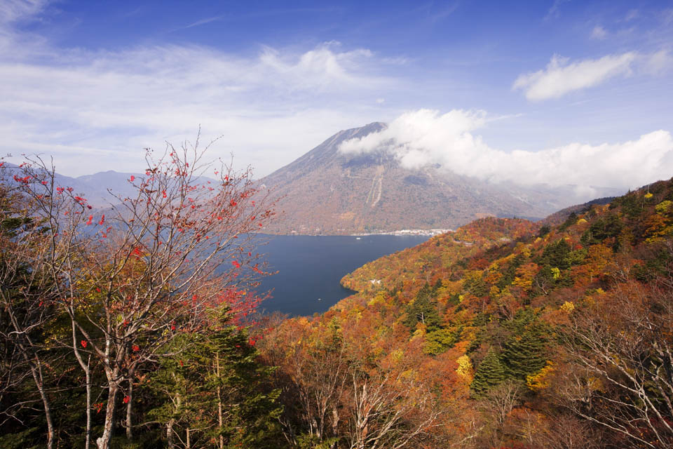 fotografia, material, livra, ajardine, imagine, proveja fotografia,Lago de luz solar Chuzenji-ko e Mt. figura masculina, lago, Bordo, cu azul, montanha