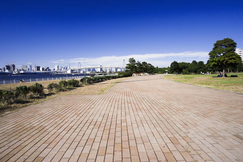 Foto, materieel, vrij, landschap, schilderstuk, bevoorraden foto,Een baksteen weg van de zee wind Park, Kuste lijn, Regenboog Brug, Grasveld, Blauwe lucht