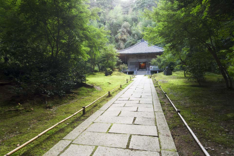 Foto, materieel, vrij, landschap, schilderstuk, bevoorraden foto,Het Huis van encyclopedische kennis van Matsushima, Boeddhist tempel en Shinto heiligdom, De belangrijkste hal van Boeddhist tempel, Weg, Stenige bestrating