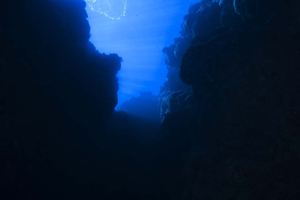 photo, la matire, libre, amnage, dcrivez, photo de la rserve,Une gorge sous-marine, pierre, Lumire du soleil, Bleu, photographie sous-marine