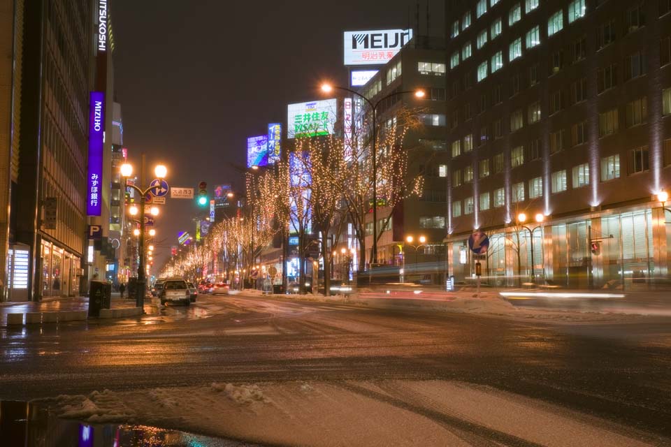 photo, la matire, libre, amnage, dcrivez, photo de la rserve,Vue de nuit Sapporo, route enneige, arbre au bord de la route, route le soir, Filez la lampe