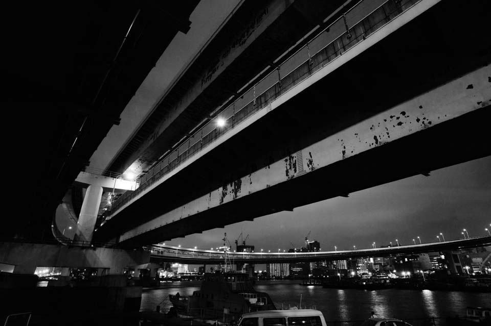 Foto, materieel, vrij, landschap, schilderstuk, bevoorraden foto,De avond van een lus brug, De kustlijn, Brug, Straatlantaarn, Schip