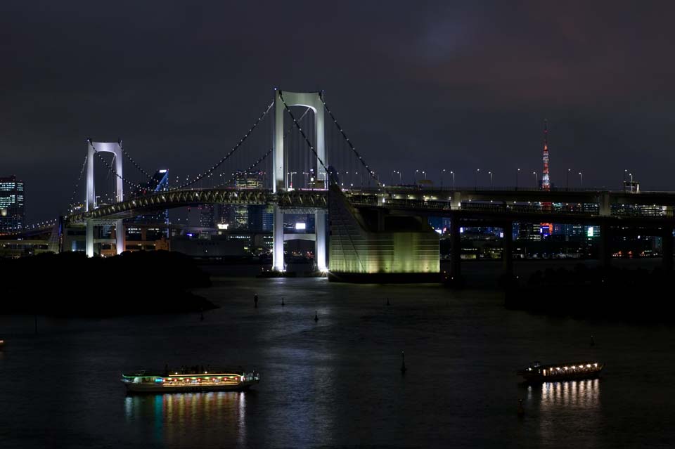 fotografia, materiale, libero il panorama, dipinga, fotografia di scorta,La notte di Ponte di Arcobaleno, costruendo, Torre di Tokio, barca di piacere, Baia di Tokio