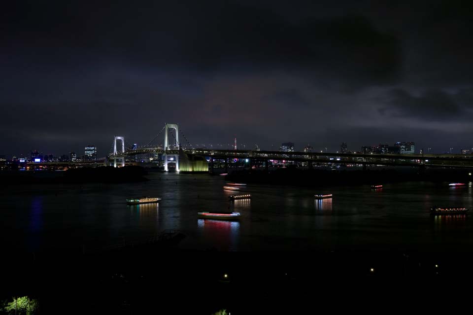 Foto, materiell, befreit, Landschaft, Bild, hat Foto auf Lager,Die Nacht von Regenbogenbrcke, Gebude, Tokyo-Turm, Vergngensboot, Tokyo-Bucht