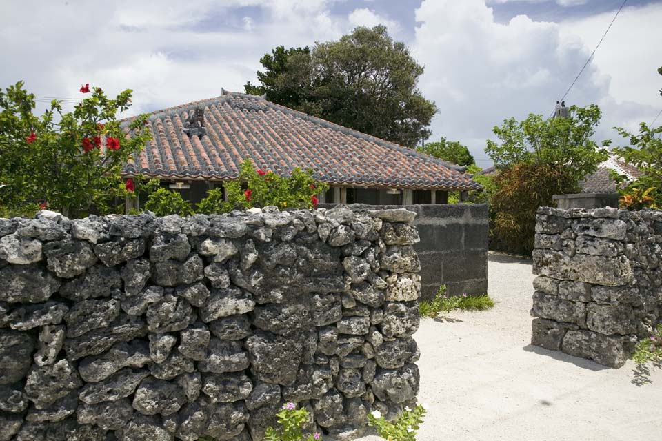 fotografia, materiale, libero il panorama, dipinga, fotografia di scorta,Una casa del muro di Ishigaki, Accumulare-pietre, tetto, sabbi sbarra, fiore