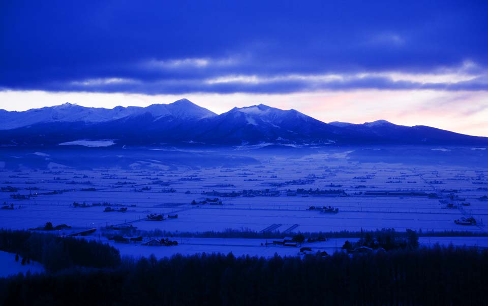 Foto, materieel, vrij, landschap, schilderstuk, bevoorraden foto,De dageraad van Furano, Besneeuwd veld, Berg, Boom, Veld