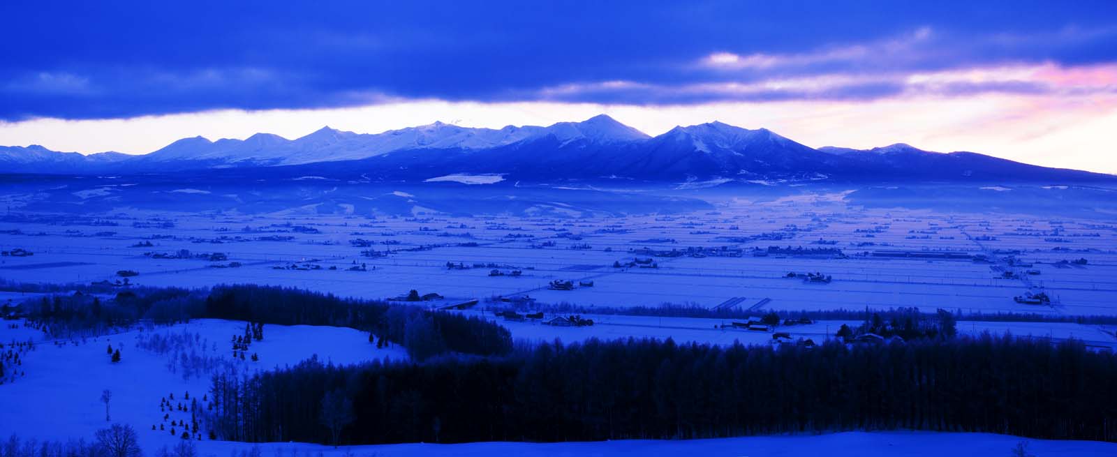 Foto, materieel, vrij, landschap, schilderstuk, bevoorraden foto,De dageraad van Furano, Besneeuwd veld, Berg, Boom, Veld