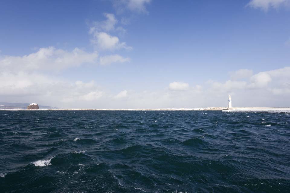 photo, la matire, libre, amnage, dcrivez, photo de la rserve,Port Abashiri, phare, La mer d'Okhotsk, vague, ciel bleu