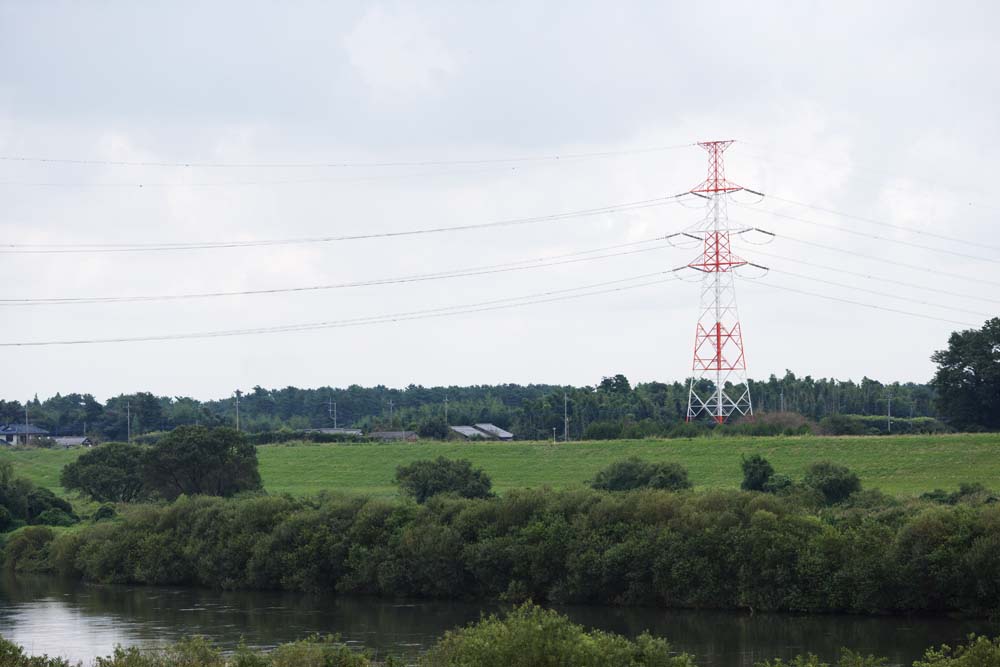 Foto, materiell, befreit, Landschaft, Bild, hat Foto auf Lager,Erinnerung an Kasukabe, Hoch-Spannungslinie, Fluss, Stahlturm, 