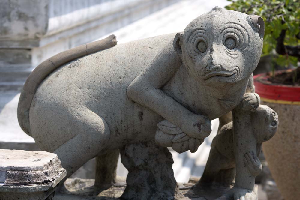 photo,material,free,landscape,picture,stock photo,Creative Commons,An image of Temple of Dawn, temple, stone statue, monkey, Bangkok