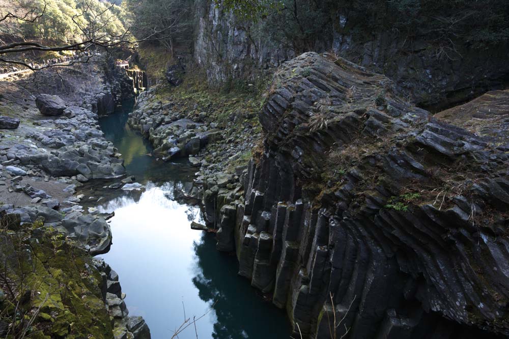 Foto, materiell, befreit, Landschaft, Bild, hat Foto auf Lager,Takachiho-kyo-Felsschlucht, Schlucht, Die Oberflche des Wassers, Klippe, natrliches Monument