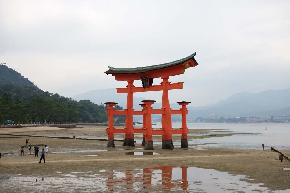 Foto, materiell, befreit, Landschaft, Bild, hat Foto auf Lager,Otorii des Itsukushima-jinja-Schreines, Das kulturelle Erbe von Welt, Otorii, Schintoistischer Schrein, Ich bin Zinnober rot