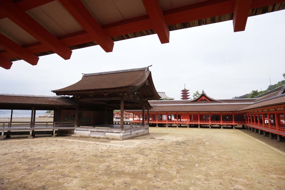 Foto, materiell, befreit, Landschaft, Bild, hat Foto auf Lager,Ein Korridor von Itsukushima-jinja Shrine, Das kulturelle Erbe von Welt, Otorii, Schintoistischer Schrein, Ich bin Zinnober rot