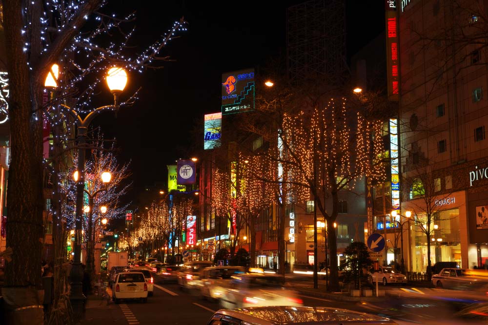 fotografia, materiale, libero il panorama, dipinga, fotografia di scorta,La notte di un'autorit della stazione di Sapporo ad angolo retto, Munisca di coda lampada, Luminarie, luce, Io sono bello