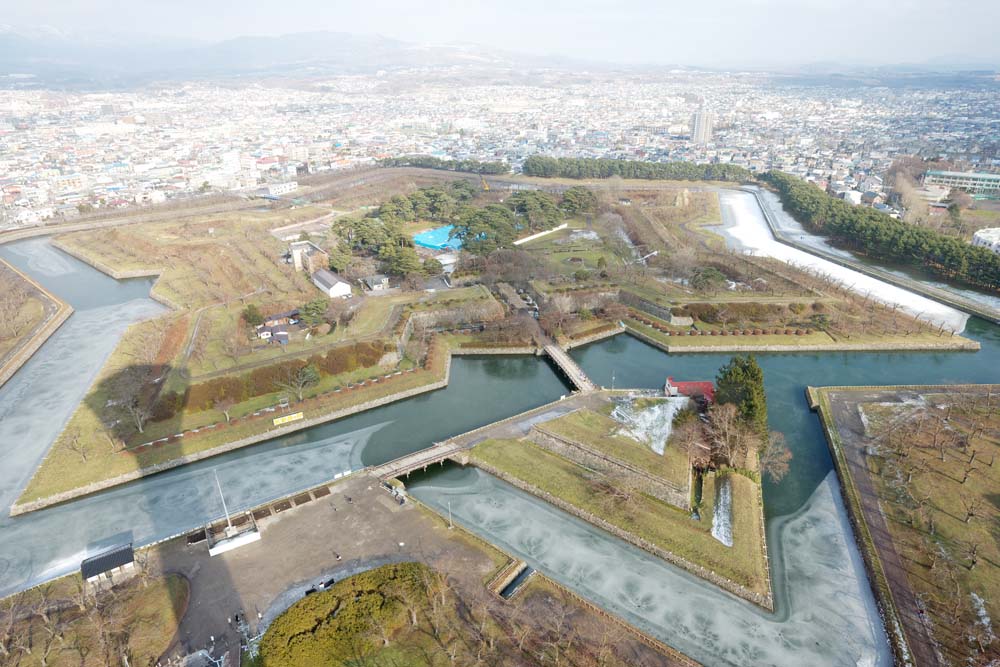 Foto, materiell, befreit, Landschaft, Bild, hat Foto auf Lager,Goryokaku Fort ganze Sicht, Wassergraben, Burg, Die spte Tokugawa-Periode, Die Geschichte