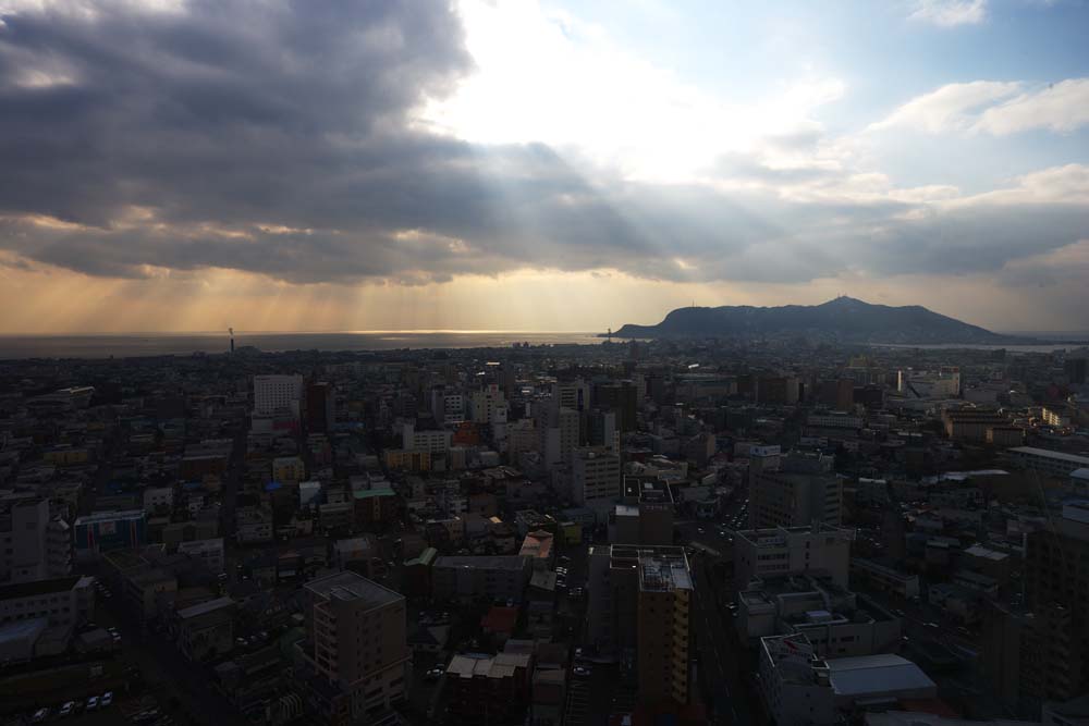 Foto, materiell, befreit, Landschaft, Bild, hat Foto auf Lager,Ich strme in Hakodate, leichte Linie, Wolke, Stadtgebiet, Hafenstadt