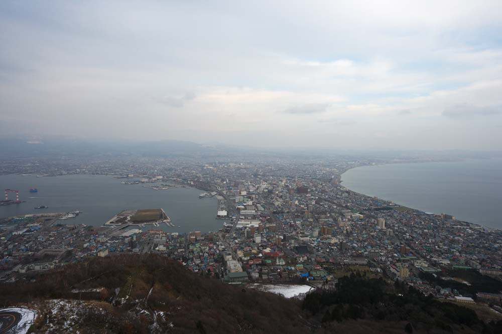 Foto, materieel, vrij, landschap, schilderstuk, bevoorraden foto,Landschap van Mt. Hakodate-yama, Gebouw, Een observatory, Rij van huizen mee een stad straat, Poort stad