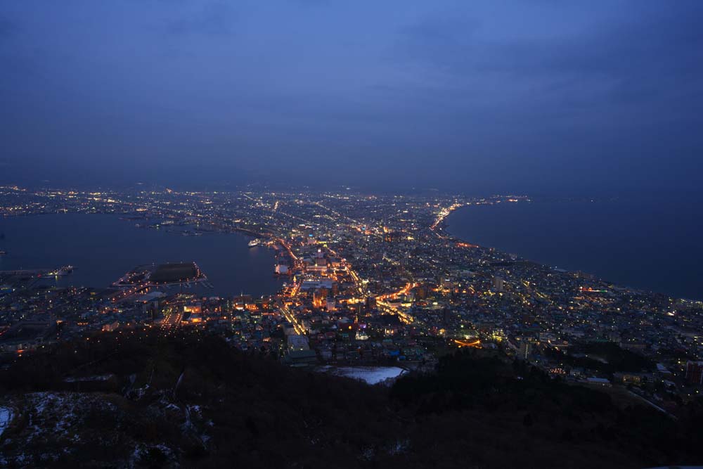 fotografia, materiale, libero il panorama, dipinga, fotografia di scorta,Una prospettiva serale di Mt. Hakodate-yama, Luminarie, Un osservatorio, luce di citt, la citt di porto