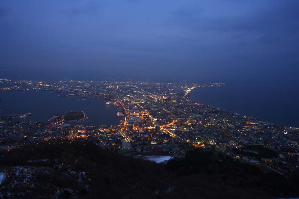 fotografia, material, livra, ajardine, imagine, proveja fotografia,Uma viso noturna de Mt. Hakodate-yama, Iluminaes, Um observatrio, luz de cidade, a cidade de porto