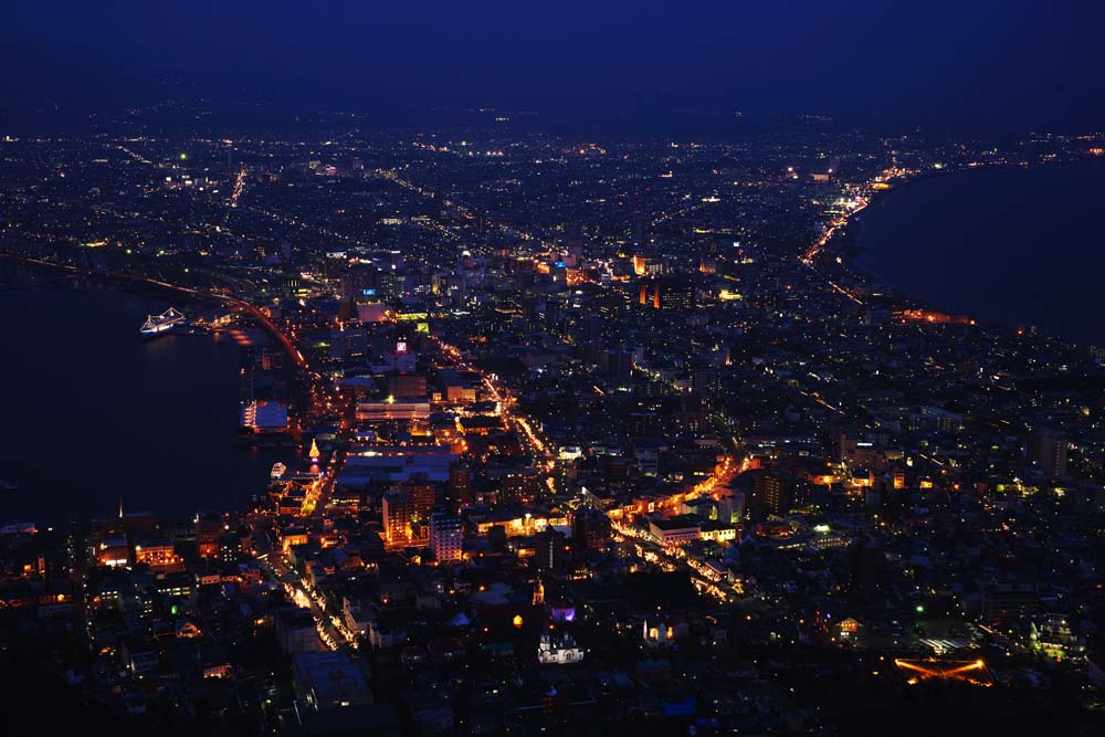 fotografia, material, livra, ajardine, imagine, proveja fotografia,Uma viso noturna de Mt. Hakodate-yama, Iluminaes, Um observatrio, luz de cidade, a cidade de porto