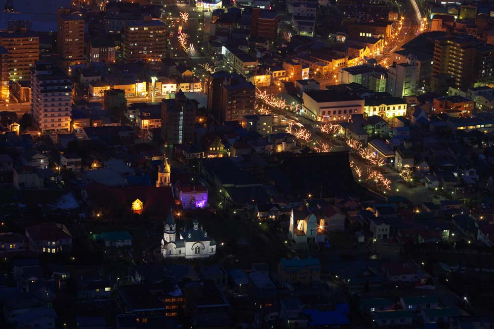 Foto, materieel, vrij, landschap, schilderstuk, bevoorraden foto,Een avond uitzicht van Mt. Hakodate-yama, Illumineringen, Een observatory, Stad verlichting, Poort stad