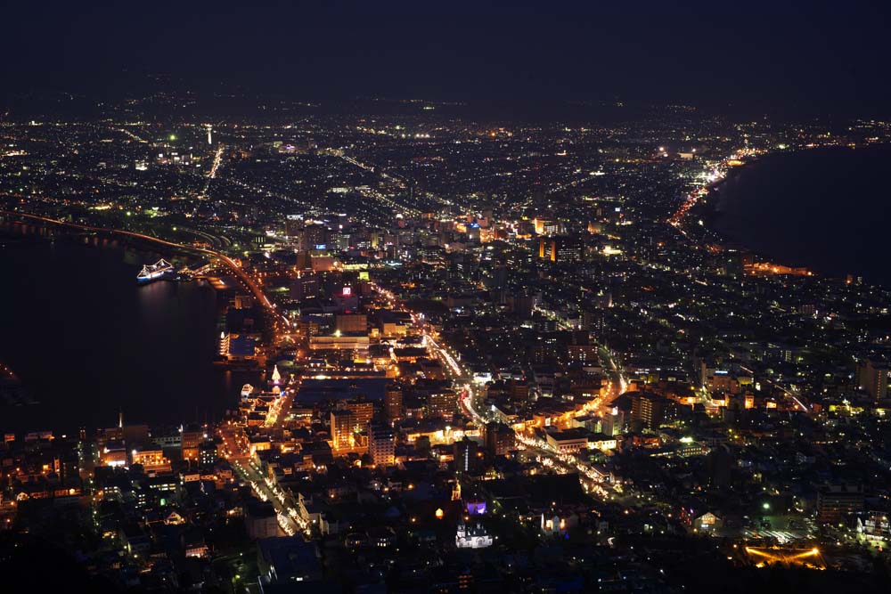 fotografia, materiale, libero il panorama, dipinga, fotografia di scorta,Una prospettiva serale di Mt. Hakodate-yama, Luminarie, Un osservatorio, luce di citt, la citt di porto