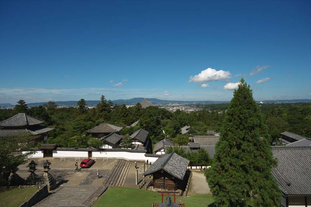 photo,material,free,landscape,picture,stock photo,Creative Commons,Nara Basin from Nigatsu-do Hall, view, blue sky, roof, cloud