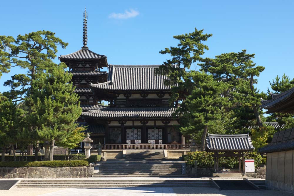 Foto, materieel, vrij, landschap, schilderstuk, bevoorraden foto,Horyu-ji Tempel, Boeddhisme, Poort gebouwde tussen de hoofdschuif en het belangrijkste huis van de paleis-in model knipte architectuur in de Fujiwara tijdvak, Vijf Storeyed Pagoda, Ht direct toegankelijk