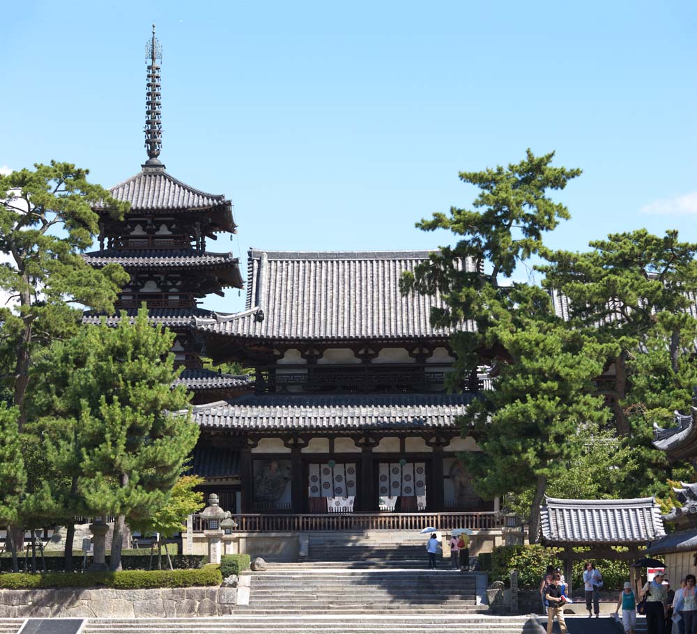fotografia, materiale, libero il panorama, dipinga, fotografia di scorta,Tempio di Horyu-ji, Buddismo, il cancello costru tra il cancello principale e la casa principale dell'architettura palazzo-disegnata di periodo di Fujiwara, Cinque pagoda di Storeyed, Immagine buddista