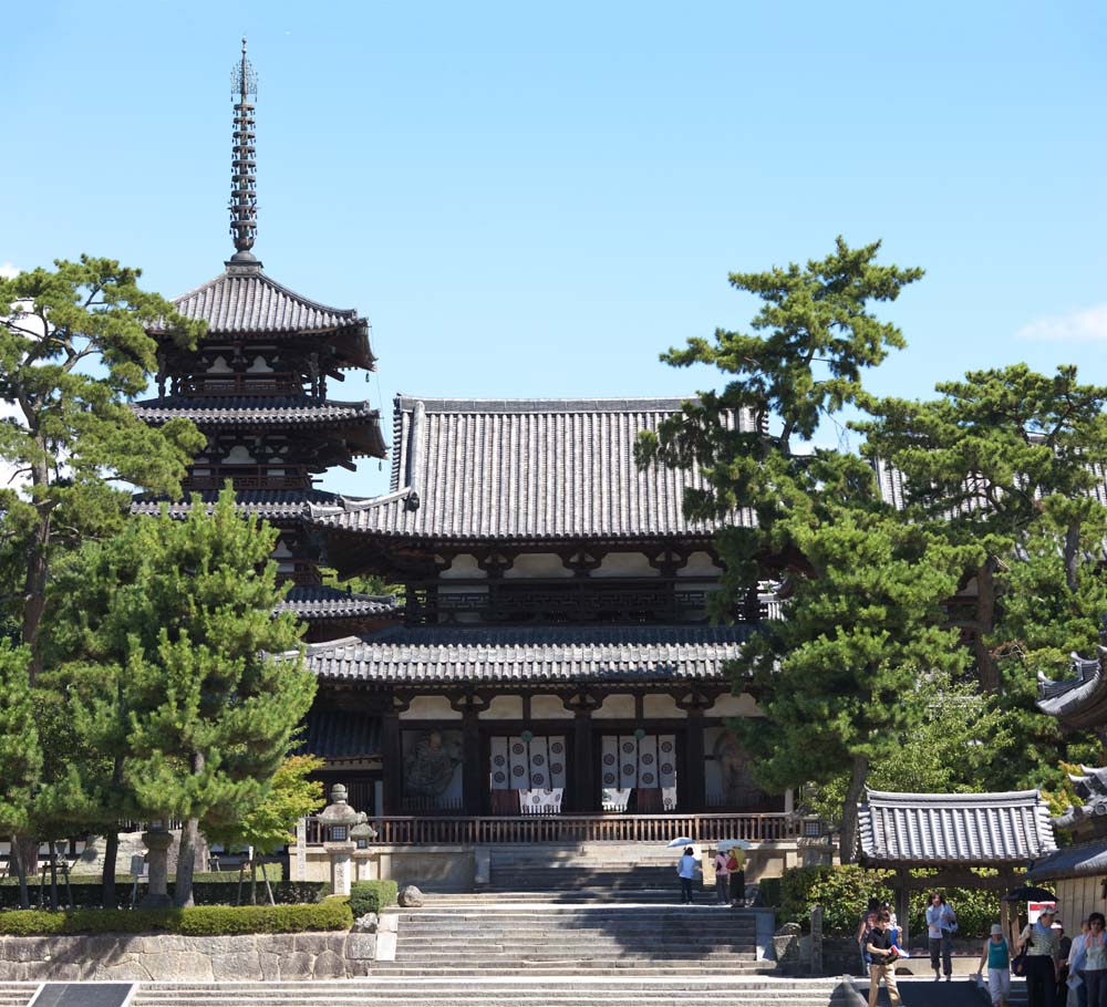 photo, la matire, libre, amnage, dcrivez, photo de la rserve,Temple Horyu-ji, Bouddhisme, la porte a construit entre la porte principale et la maison principale de l'architecture palais-appele dans la priode Fujiwara, Cinq pagode Storeyed, Image bouddhiste