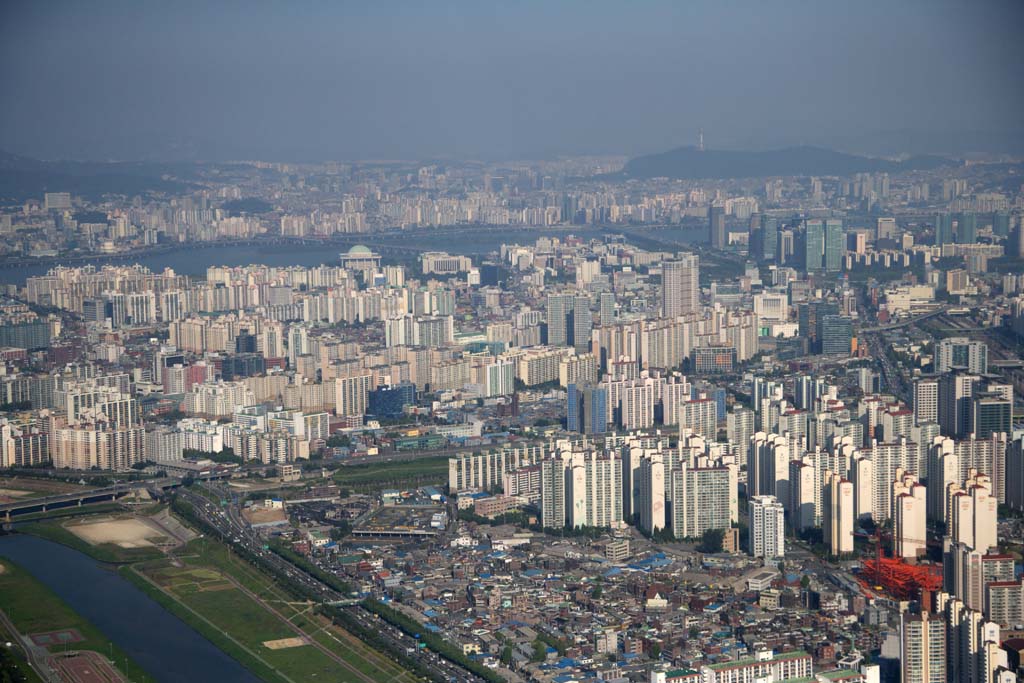 fotografia, materiale, libero il panorama, dipinga, fotografia di scorta,Gruppo che costruisce di Seoul, costruendo, Una fotografia aerea, albergando complesso, Un palazzo degli uffici