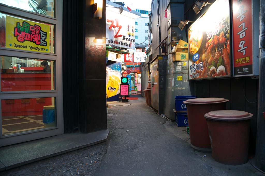 photo,material,free,landscape,picture,stock photo,Creative Commons,Row of houses along a city street of Myondong, Neon, drugstore, restaurant, street